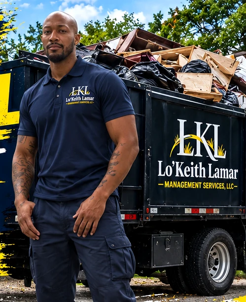 LKL representative beside an LKL-branded hauling truck in a promotional illustration